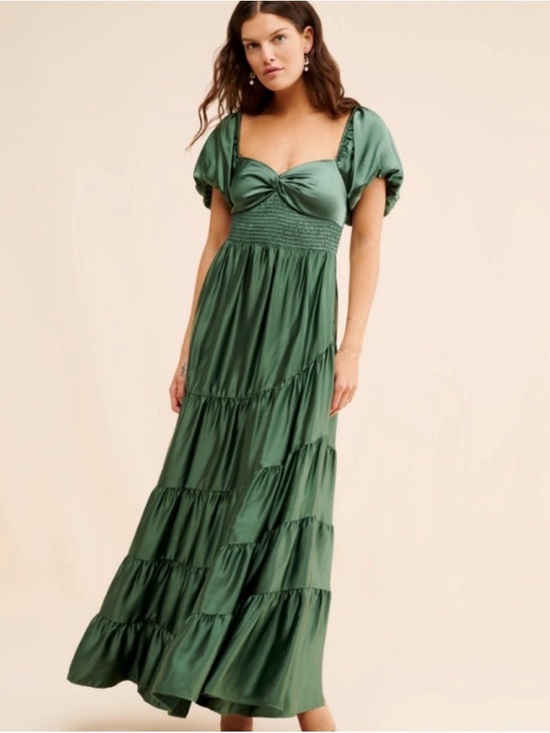 Free People Dresses & Skirts - Free People Emerald Green Puff Sleeve Tiered Maxi Dress